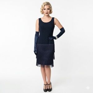 Vintage Blue Fringe Flapper Dress Beaded Sleeveless Cocktail 1920s Inspired